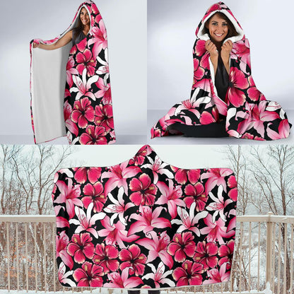 Flower Hawaiian Pink Red Hibiscus Print Hooded Blanket-JTAMIGO.COM