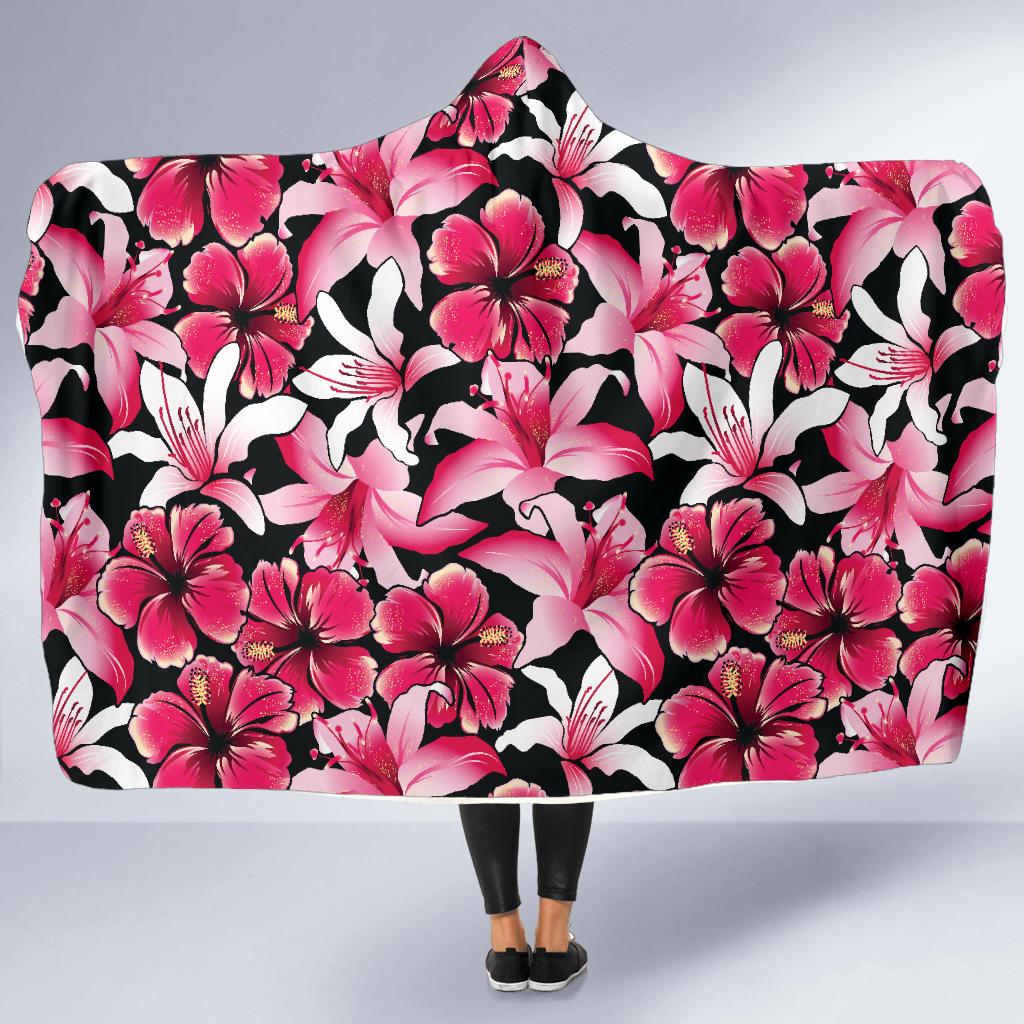 Flower Hawaiian Pink Red Hibiscus Print Hooded Blanket-JTAMIGO.COM