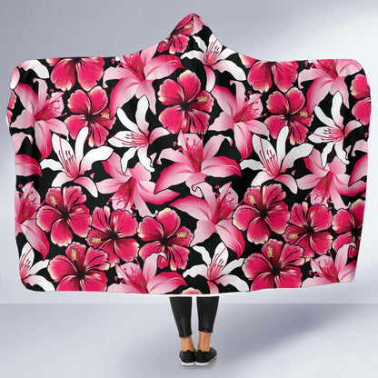 Flower Hawaiian Pink Red Hibiscus Print Hooded Blanket-JTAMIGO.COM