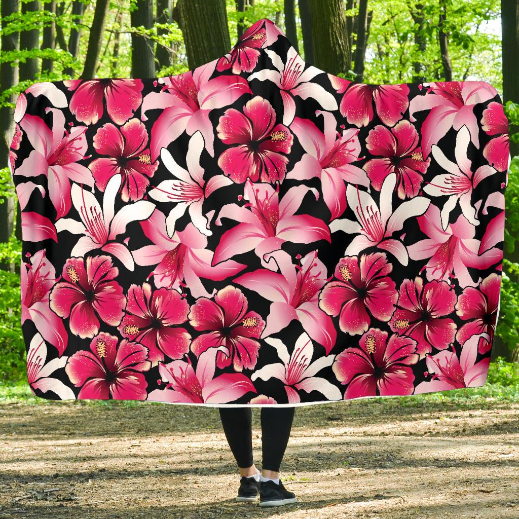 Flower Hawaiian Pink Red Hibiscus Print Hooded Blanket-JTAMIGO.COM