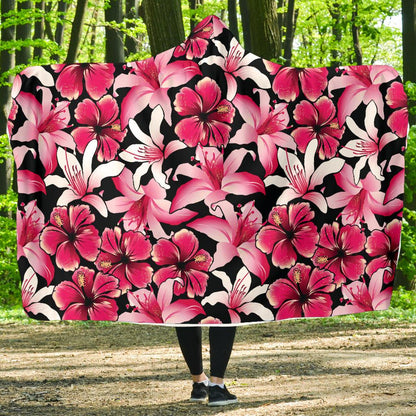 Flower Hawaiian Pink Red Hibiscus Print Hooded Blanket-JTAMIGO.COM