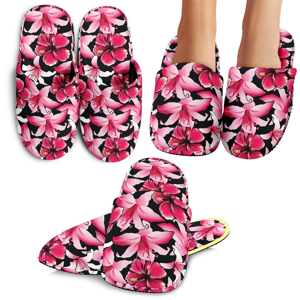 Flower Hawaiian Pink Red Hibiscus Print House Slippers
