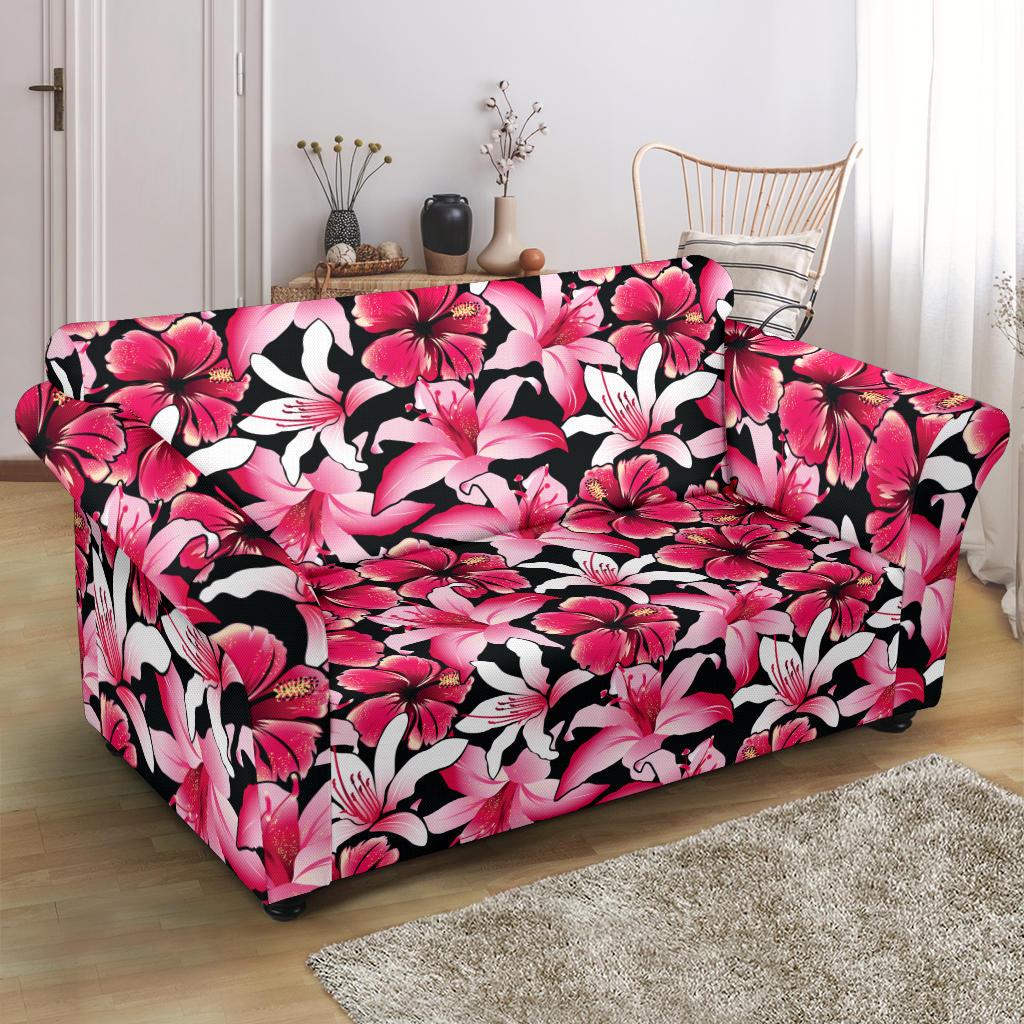 Flower Hawaiian Pink Red Hibiscus Print Loveseat Slipcover-JTAMIGO.COM