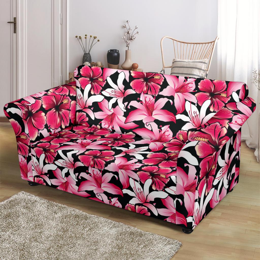 Flower Hawaiian Pink Red Hibiscus Print Loveseat Slipcover-JTAMIGO.COM