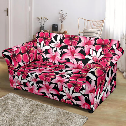 Flower Hawaiian Pink Red Hibiscus Print Loveseat Slipcover-JTAMIGO.COM