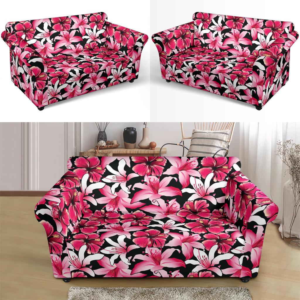 Flower Hawaiian Pink Red Hibiscus Print Loveseat Slipcover-JTAMIGO.COM