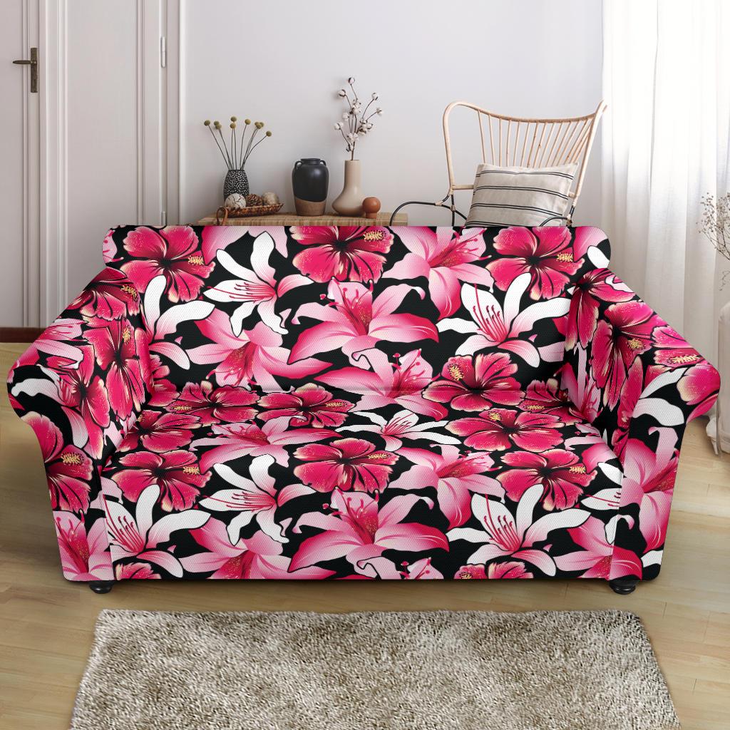 Flower Hawaiian Pink Red Hibiscus Print Loveseat Slipcover-JTAMIGO.COM