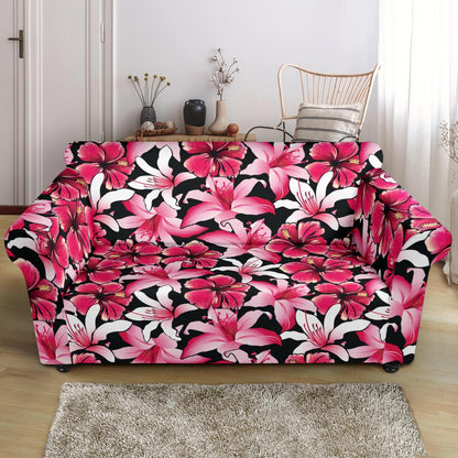 Flower Hawaiian Pink Red Hibiscus Print Loveseat Slipcover-JTAMIGO.COM