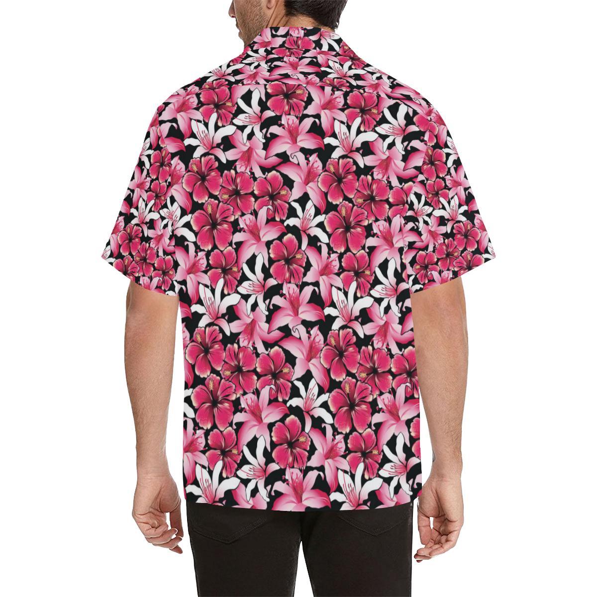Flower Hawaiian Pink Red Hibiscus Print Men Aloha Hawaiian Shirt