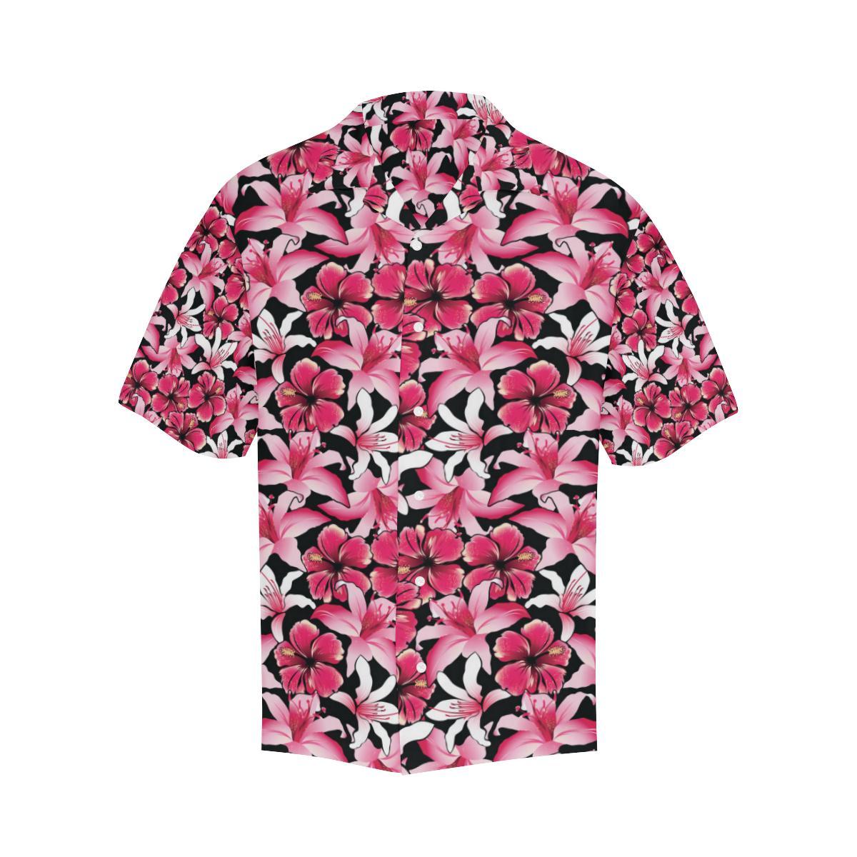Flower Hawaiian Pink Red Hibiscus Print Men Aloha Hawaiian Shirt