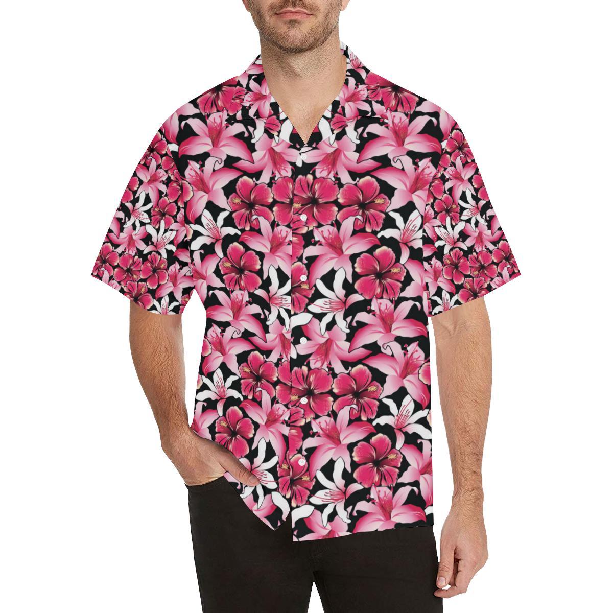 Flower Hawaiian Pink Red Hibiscus Print Men Aloha Hawaiian Shirt