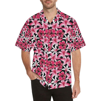 Flower Hawaiian Pink Red Hibiscus Print Men Aloha Hawaiian Shirt