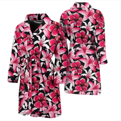 Flower Hawaiian Pink Red Hibiscus Print Men Bath Robe-JTAMIGO.COM