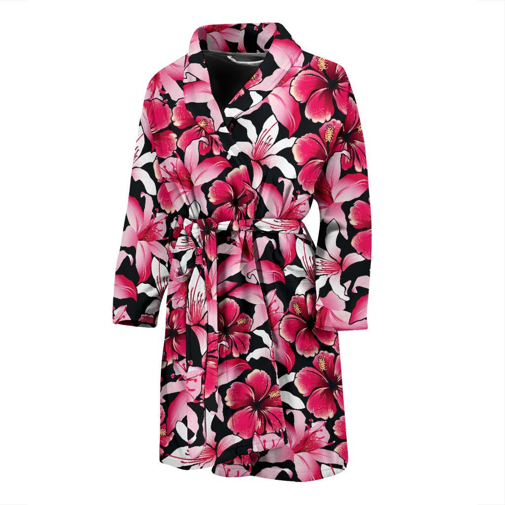 Flower Hawaiian Pink Red Hibiscus Print Men Bath Robe-JTAMIGO.COM