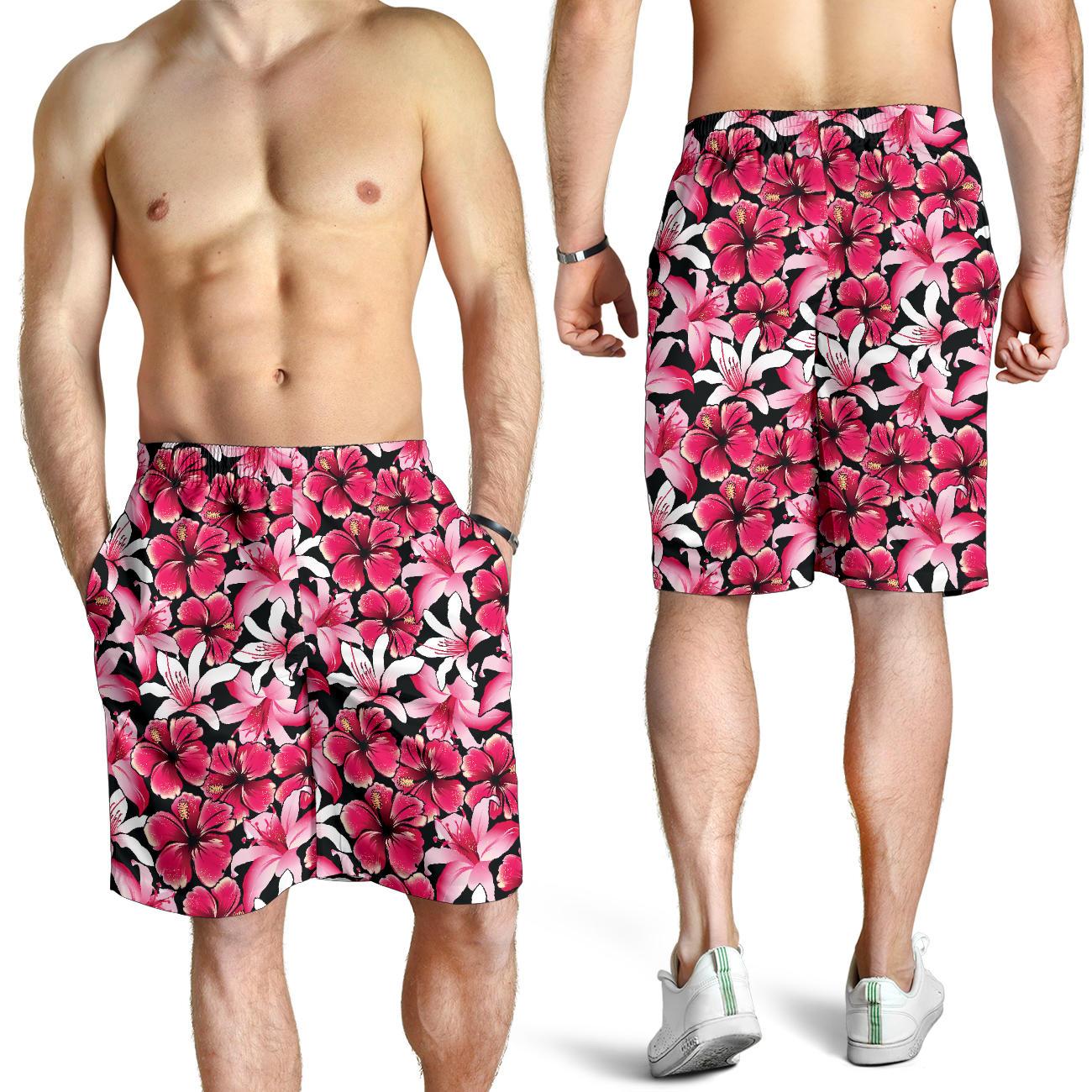Flower Hawaiian Pink Red Hibiscus Print Mens Shorts-JTAMIGO.COM