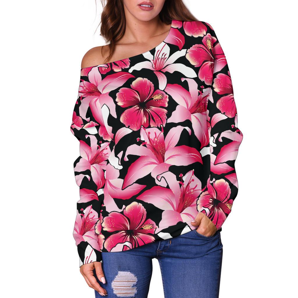 Flower Hawaiian Pink Red Hibiscus Print Off Shoulder Sweatshirt