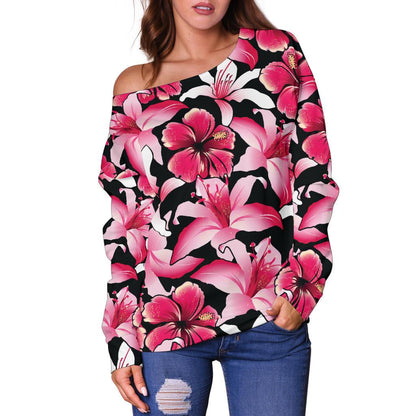 Flower Hawaiian Pink Red Hibiscus Print Off Shoulder Sweatshirt