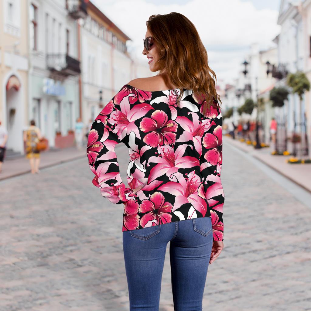 Flower Hawaiian Pink Red Hibiscus Print Off Shoulder Sweatshirt