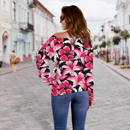 Flower Hawaiian Pink Red Hibiscus Print Off Shoulder Sweatshirt