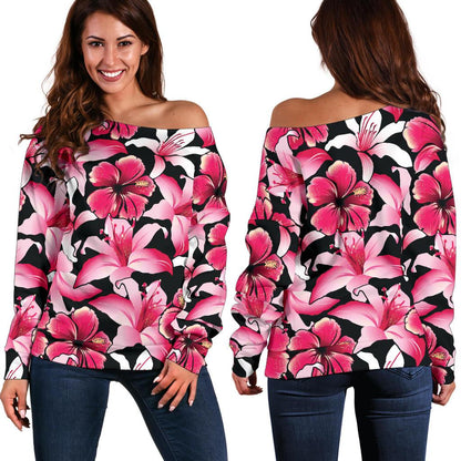 Flower Hawaiian Pink Red Hibiscus Print Off Shoulder Sweatshirt