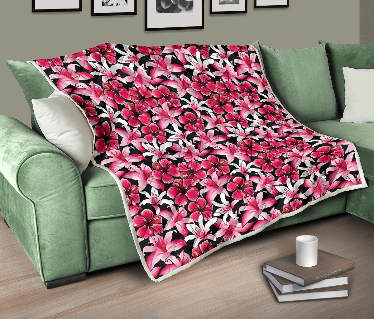 Flower Hawaiian Pink Red Hibiscus Print Premium Quilt-JTAMIGO.COM