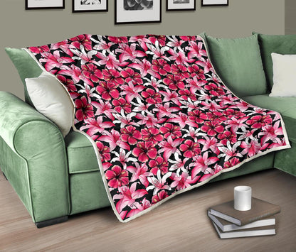 Flower Hawaiian Pink Red Hibiscus Print Premium Quilt-JTAMIGO.COM