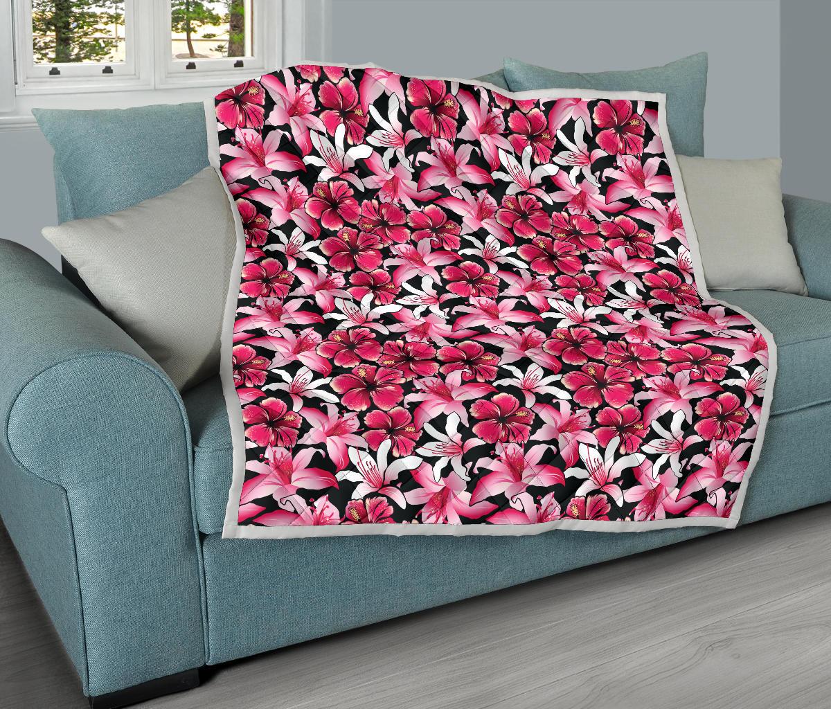 Flower Hawaiian Pink Red Hibiscus Print Premium Quilt-JTAMIGO.COM