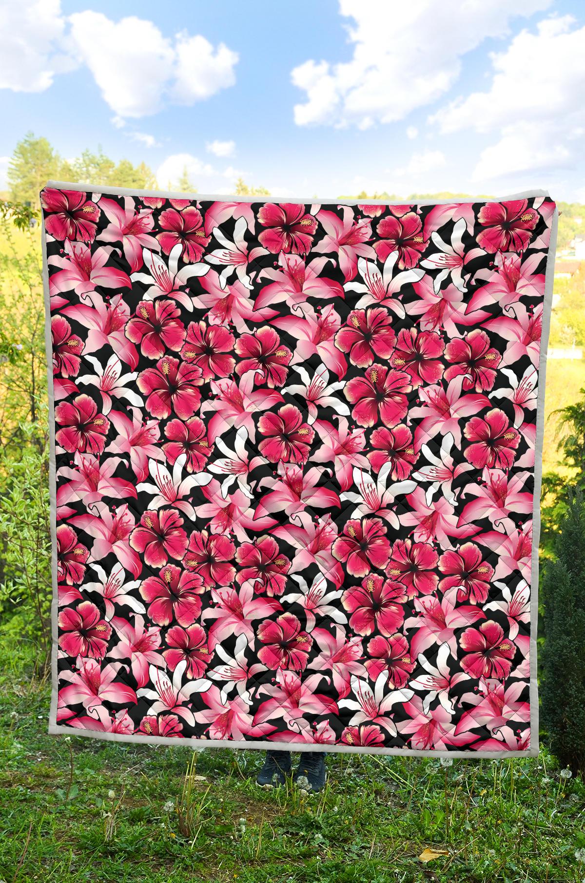 Flower Hawaiian Pink Red Hibiscus Print Premium Quilt-JTAMIGO.COM