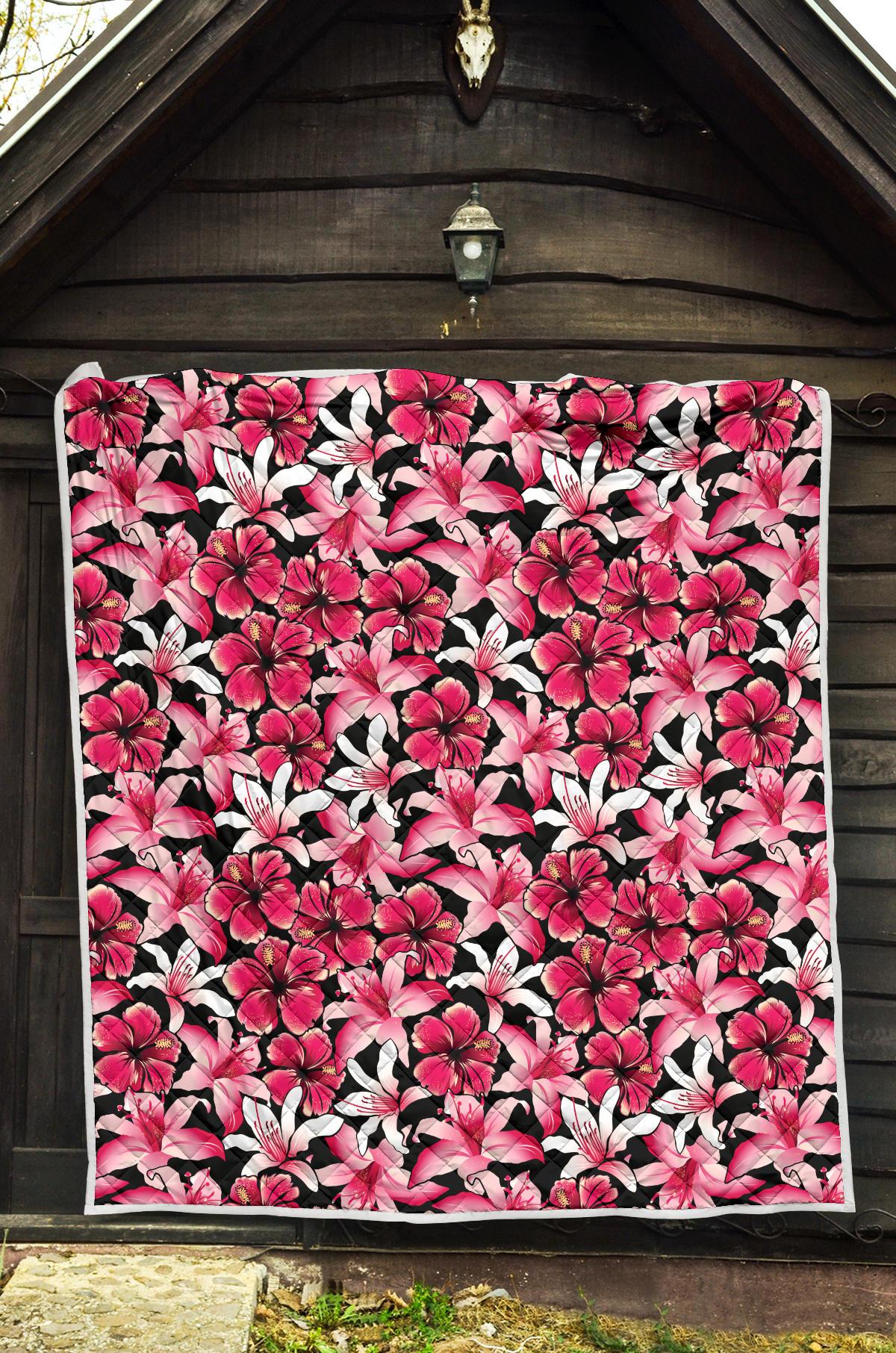 Flower Hawaiian Pink Red Hibiscus Print Premium Quilt-JTAMIGO.COM