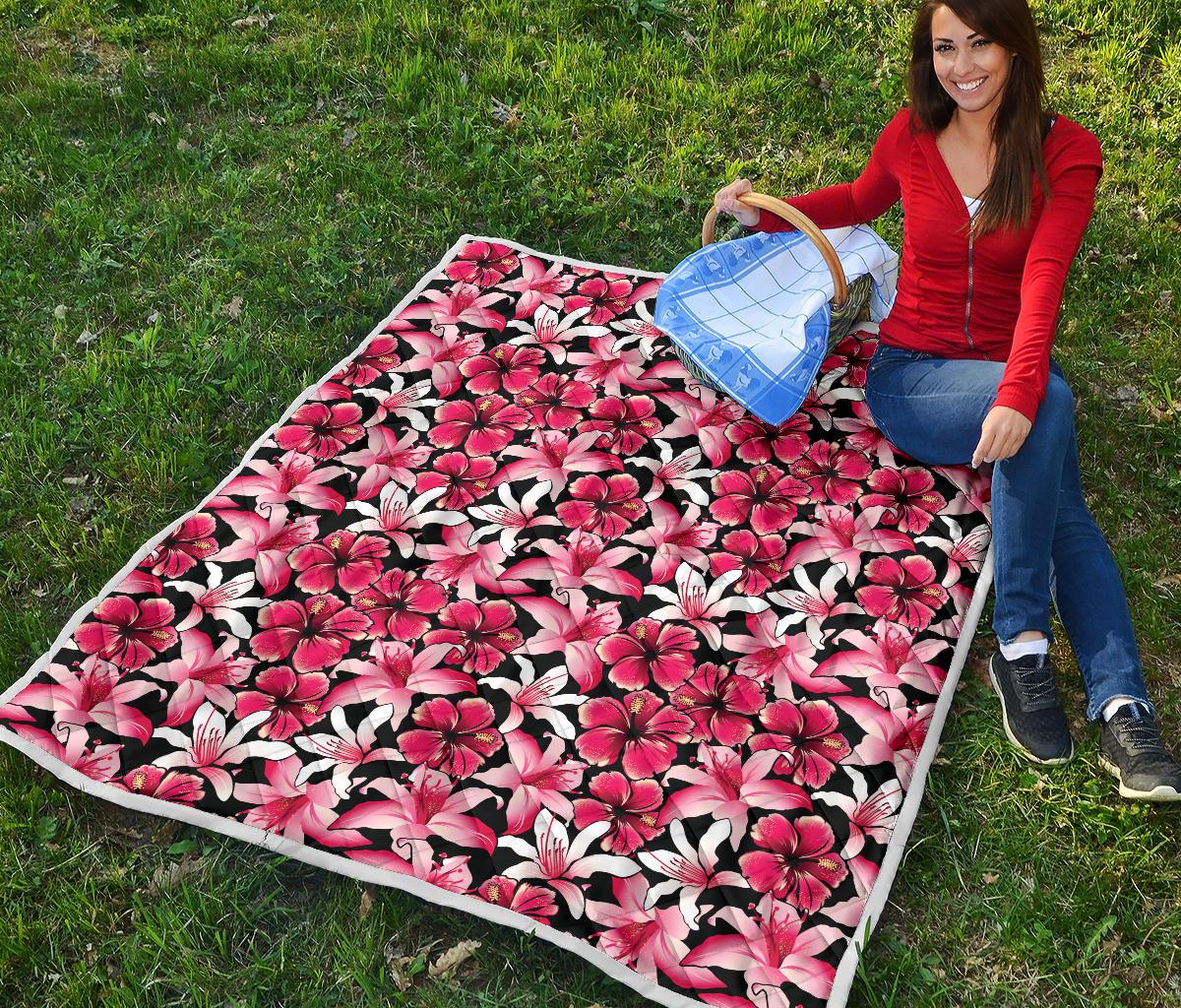 Flower Hawaiian Pink Red Hibiscus Print Premium Quilt-JTAMIGO.COM