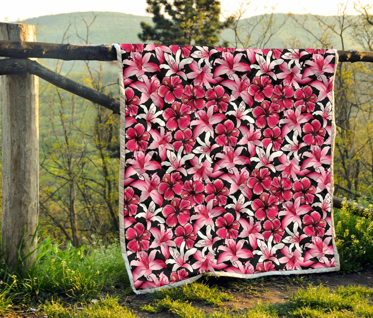 Flower Hawaiian Pink Red Hibiscus Print Premium Quilt-JTAMIGO.COM