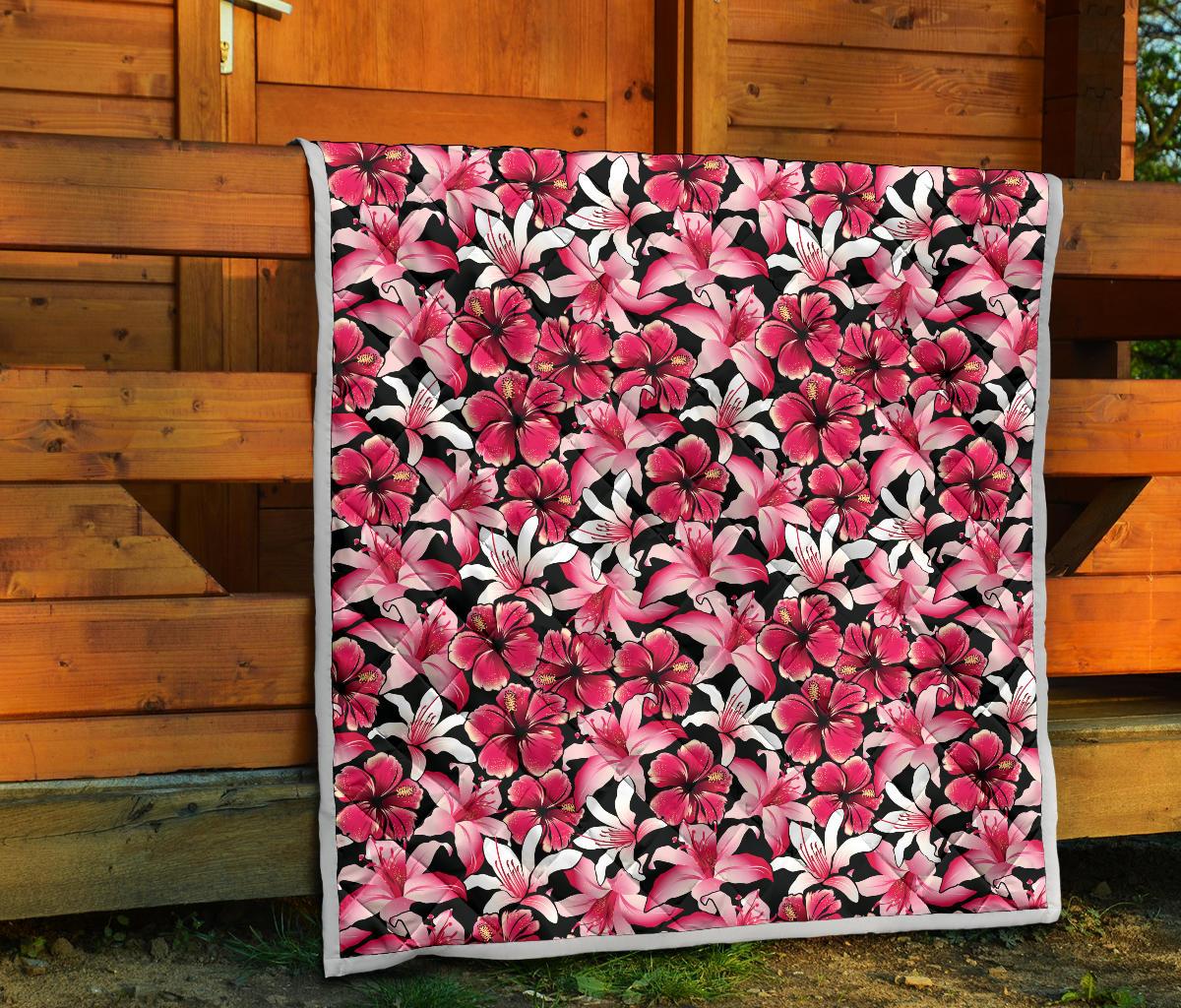Flower Hawaiian Pink Red Hibiscus Print Premium Quilt-JTAMIGO.COM