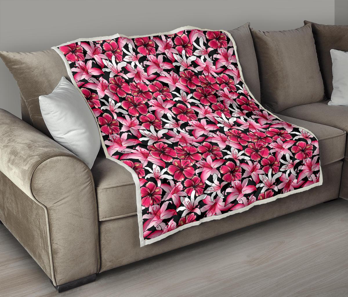 Flower Hawaiian Pink Red Hibiscus Print Premium Quilt-JTAMIGO.COM