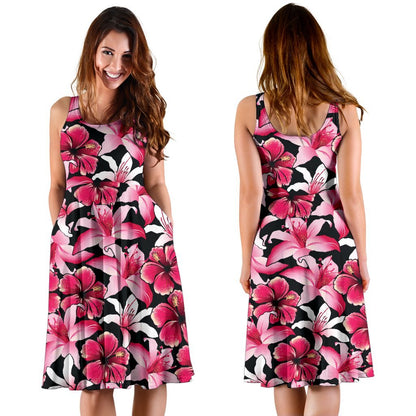 Flower Hawaiian Pink Red Hibiscus Print Sleeveless Dress