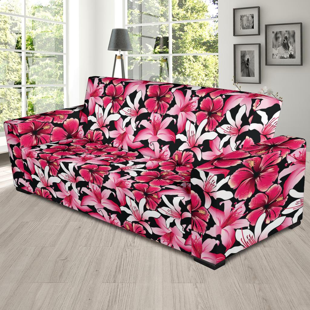 Flower Hawaiian Pink Red Hibiscus Print Sofa Slipcover-JTAMIGO.COM