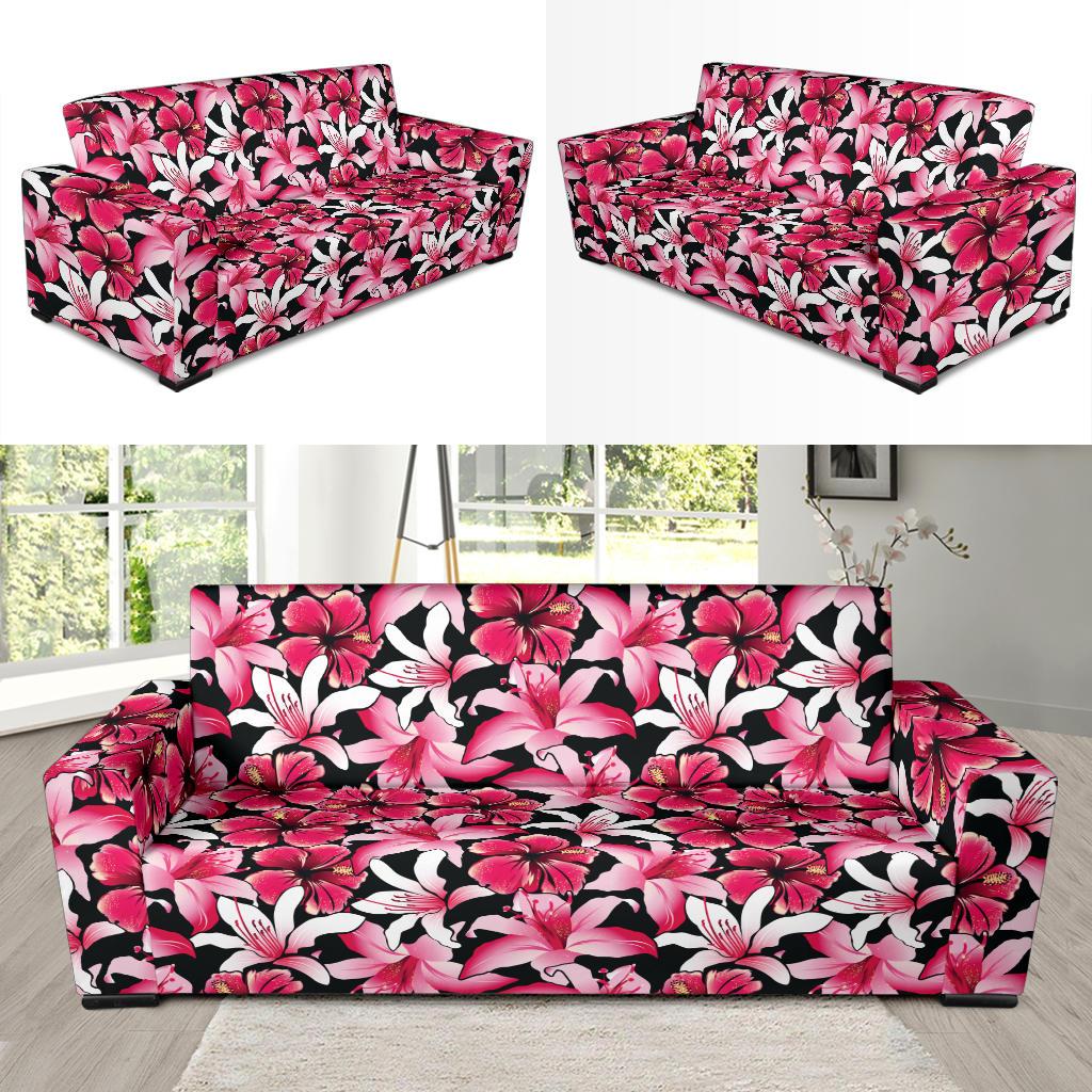 Flower Hawaiian Pink Red Hibiscus Print Sofa Slipcover-JTAMIGO.COM