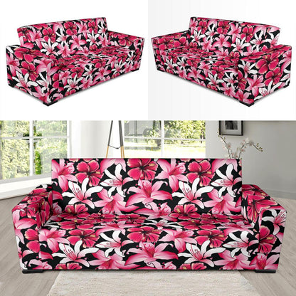 Flower Hawaiian Pink Red Hibiscus Print Sofa Slipcover-JTAMIGO.COM