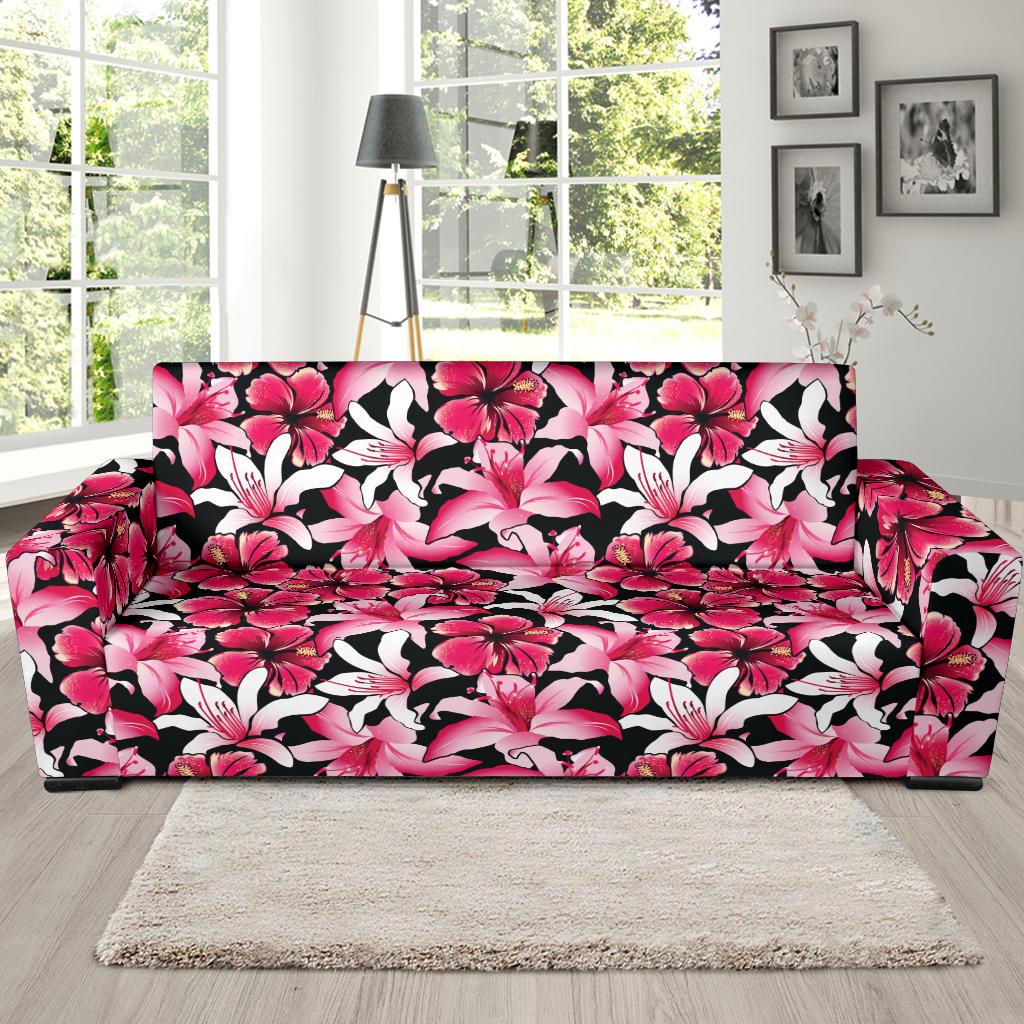 Flower Hawaiian Pink Red Hibiscus Print Sofa Slipcover-JTAMIGO.COM