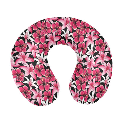 Flower Hawaiian Pink Red Hibiscus Print U-Shaped Travel Neck Pillow-JTAMIGO.COM