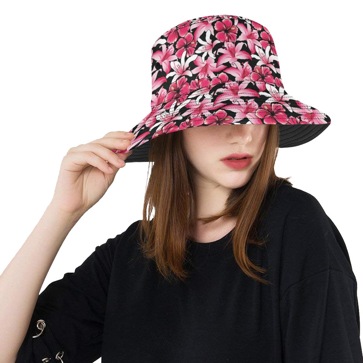Flower Hawaiian Pink Red Hibiscus Print Unisex Bucket Hat
