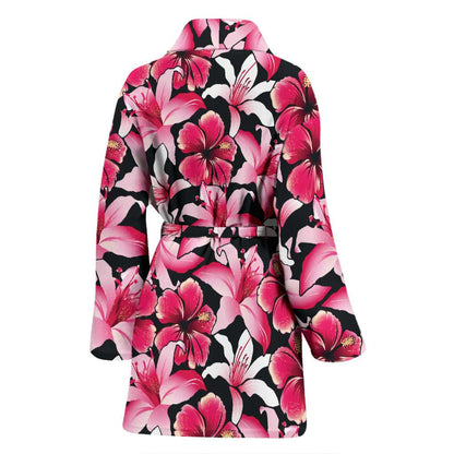 Flower Hawaiian Pink Red Hibiscus Print Women Bath Robe-JTAMIGO.COM
