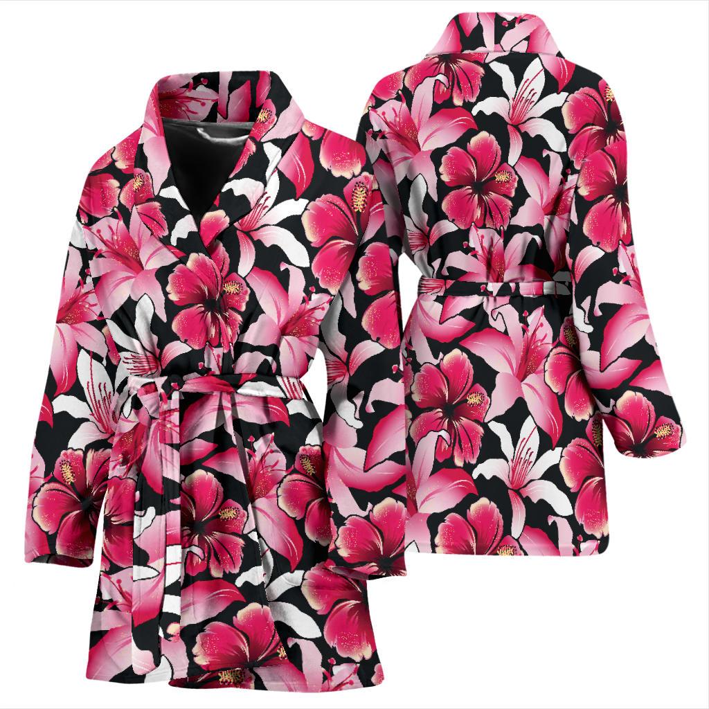 Flower Hawaiian Pink Red Hibiscus Print Women Bath Robe-JTAMIGO.COM