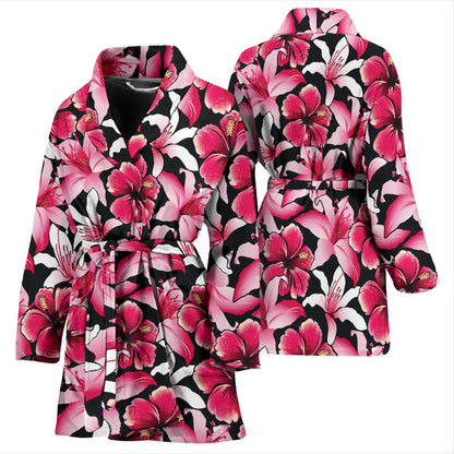 Flower Hawaiian Pink Red Hibiscus Print Women Bath Robe-JTAMIGO.COM