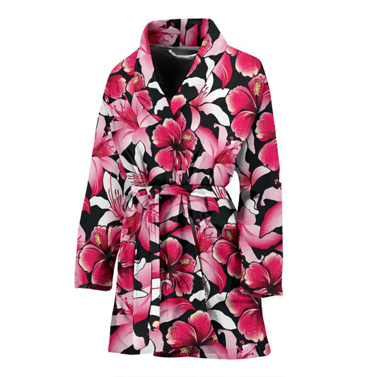 Flower Hawaiian Pink Red Hibiscus Print Women Bath Robe-JTAMIGO.COM