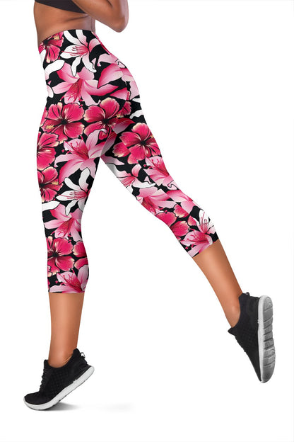 Flower Hawaiian Pink Red Hibiscus Print Women Capris