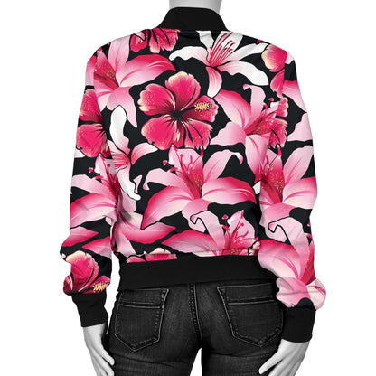 Flower Hawaiian Pink Red Hibiscus Print Women Casual Bomber Jacket