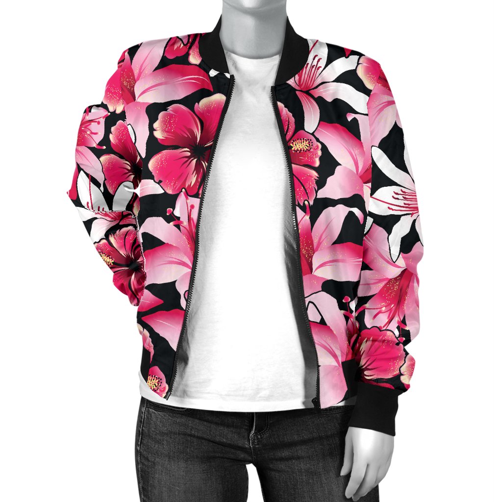 Flower Hawaiian Pink Red Hibiscus Print Women Casual Bomber Jacket
