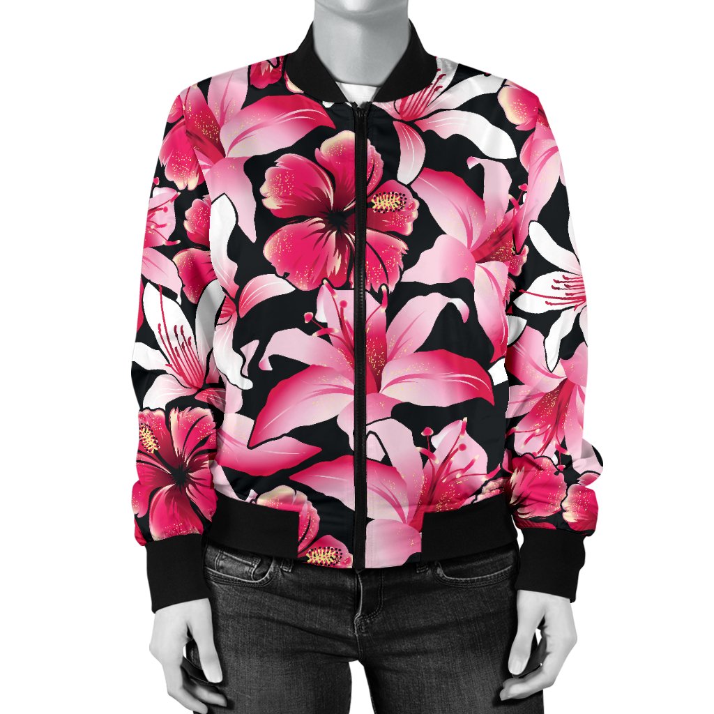 Flower Hawaiian Pink Red Hibiscus Print Women Casual Bomber Jacket