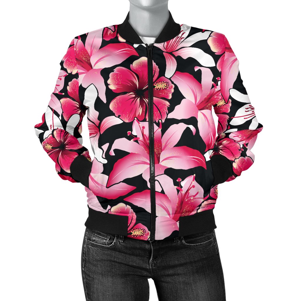 Flower Hawaiian Pink Red Hibiscus Print Women Casual Bomber Jacket