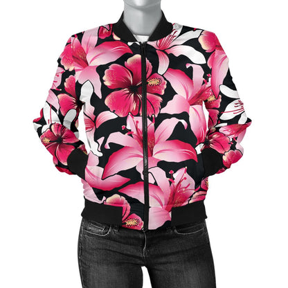 Flower Hawaiian Pink Red Hibiscus Print Women Casual Bomber Jacket